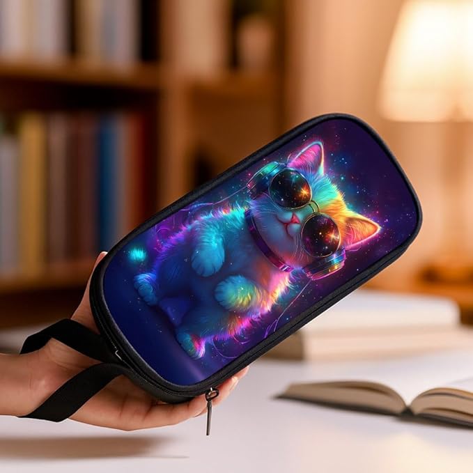 HiMagics Children's Pencil Case, Large Zipper Pencil Pouch for Boys with Two Compartments Boys Pen Pouch for School Cat with Headphones Pencil Bag, Black