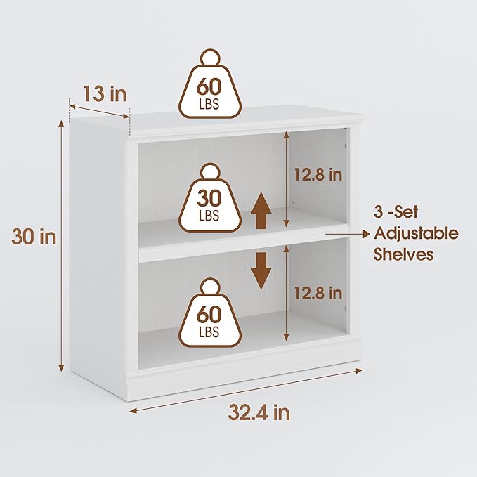 Bevfint 30" Bookcase, White Floor Standing Bookshelf, 2-Tier Display Shelves Open Storage Organizer, Book Case for Living Room Hallway Kitchen Home Office Bedroom, White 2 Tiers