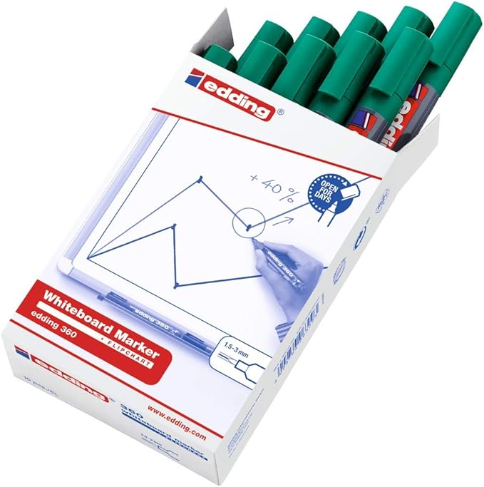 edding 360 whiteboardmarker - groen - 10 whiteboardstiften - ronde punt 1,5 - 3 mm - boardmarker uitwisbaar - voor whiteboard, flipchart, magneetbord, prikbord, memobord - sketchnotes - navulbaar