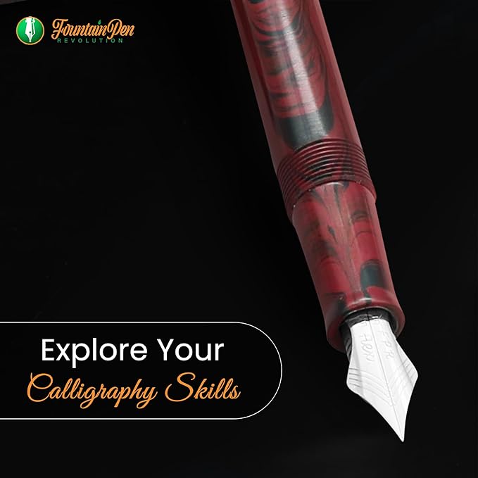 FPR Himalaya V2-Chrome Ultra Flex Nib Pen - Twist-Style Converter Filled Calligraphy Pens for Writing - Fancy Pens for Men & Women - Flex Fountain Pen w/Metal Clip & Cap Ring (Maroon Ebonite)