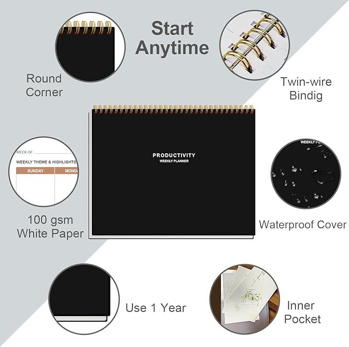 Weekly Productivity Planner - 8.5" x 11" Dashboard Desk Notepad Has 6 Focus Areas to List Tasks for Goals, Projects, Clients, Academic or Meal-Organize Your Daily Work Efficiently, 54 Weeks, Black