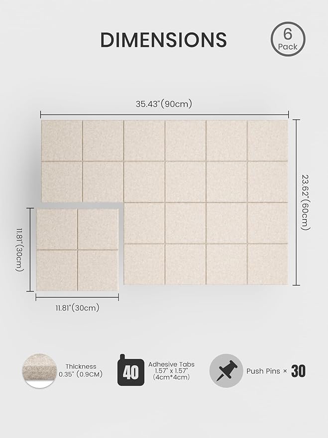 Bumusty Large Cork Board Alternative-36 x24 Felt Bulletin Board Tiles, with 30 Pushpins, 40 Adhesive Tabs, 6-Pack Slat Wall Paneling, Cork Boards for Office Push Pin Board Felt Board-Oatmeal