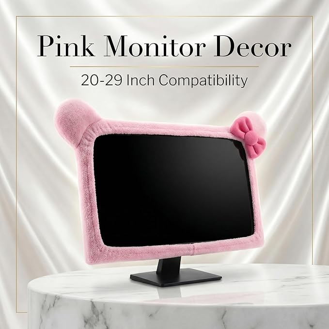 Monfurise 1 Pcs Cute Cat Ear Computer Monitor Cover, Kawaii Pink Dustproof Screen Protector for 20-29 Inch Display, Soft Elastic Fabric Monitor Dust Cover for Girl Gamers, Home Office Desk Decor