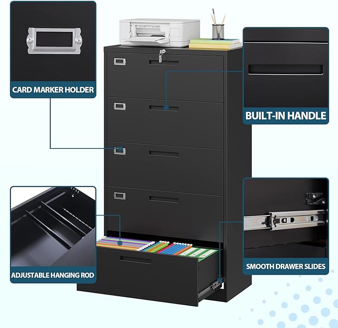 MIIIKO Lateral File Cabinet with Lock, 5 Drawer Metal File Cabinets 35.4" Wide, Home Office Locking Filing Cabinets for Legal Letter File Folders