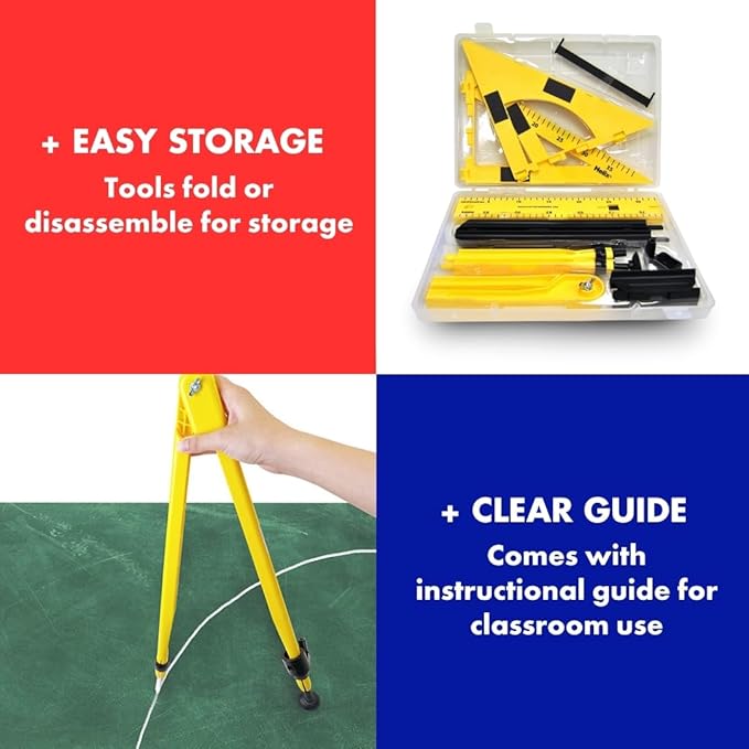 Helix - Magnetic Classroom Whiteboard Geometry 4 Piece Set - Compass - 2 Triangles - Ruler - Protractor