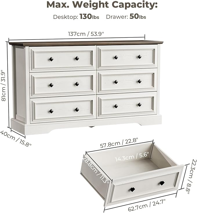 VVFLU Farmhouse 6 Drawer Dresser for Bedroom, 54" Wide Wood Dresser with Natural Texture, Rustic Chest of Drawers for Bedroom with Vintage Metal Hands, for Living Room, Hallway, Antique White