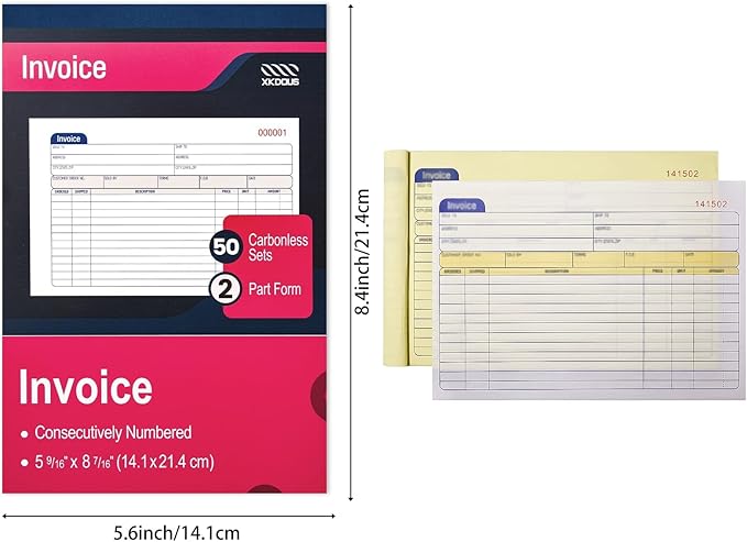 XKDOUS 2 Pack Invoice Book, 2-Part Carbonless, 5-9/16" x 8-7/16" Invoice Receipt Book for Small Business, 50 Sets per Book