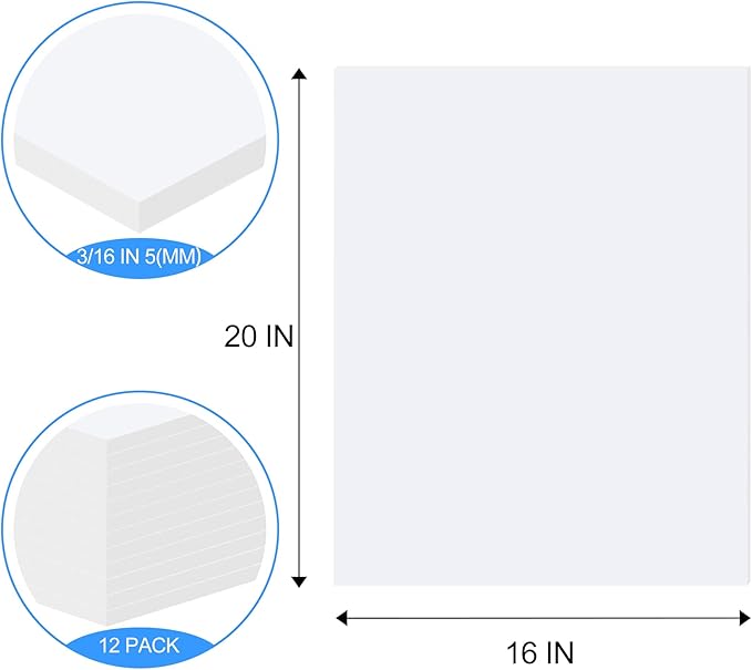 ToLanbbt 12 Pack White Foam Board, 16 x 20 x 3/16" Thick Foam Core Acid Free Poster Foamboard for Art Craft Projects, Painting, Displaying, Signage, Wedding, School