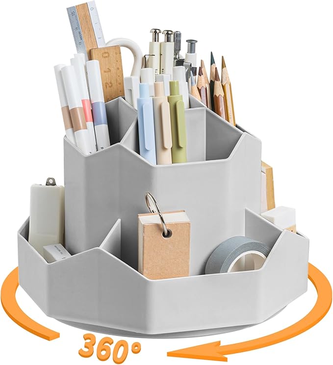 Cayxenful Pencil Pen Holder for Desk,9 Slots 360 Degree Rotating Desk Organizers,Desktop Storage Stationery Supplies Organizer, Cute Pencil Cup Pot For Office, School, Home(Grey)