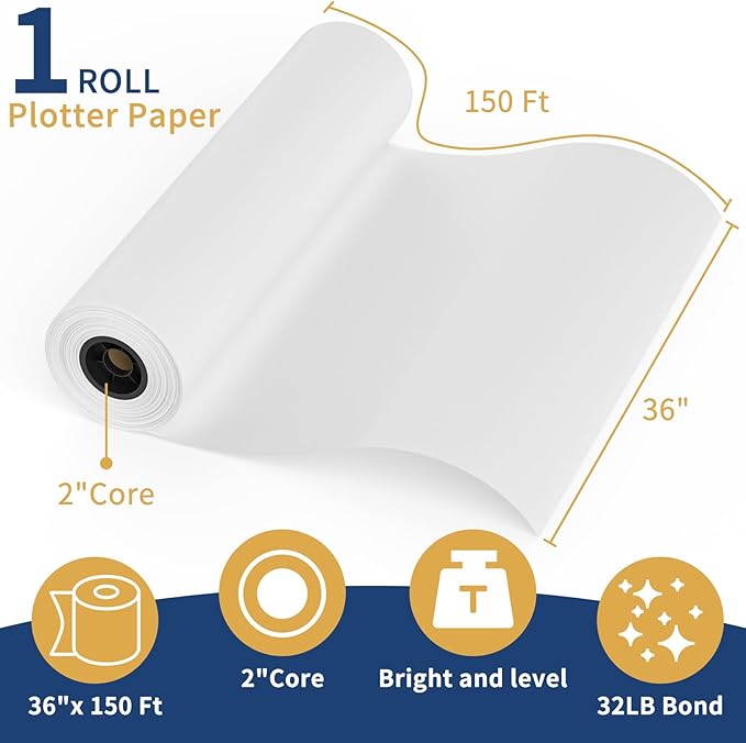 Wide Format Paper Roll,36" x 150 ft Plotter Paper with 2 Inch Core for CAD and Inkjet Printing Premium Bond Papers for Engineering Architectural and Maps（1 roll）