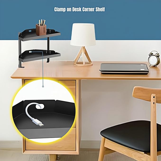 Yuxh Clamp On Desk Corner Shelf 2 Tier Cilp Under Table Corner Organizer, Black-M, 16 inch