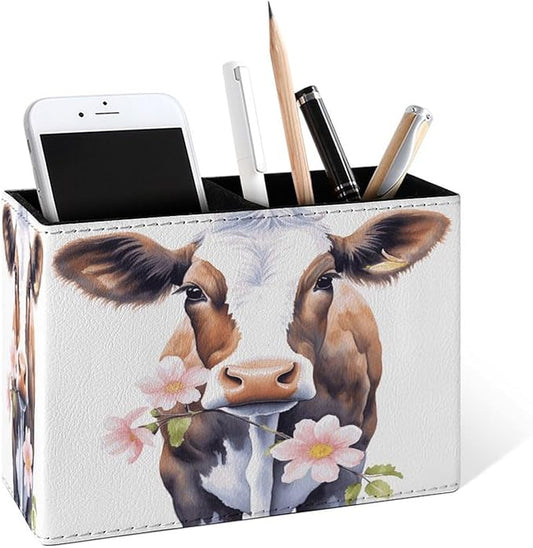 Famame Cow Eating Pink Flowers Pencil Holder for Desk, Leather Desktop Container Pen Cup Storage Study Table Pen Organizer Makeup Brush Holder for Classroom Office Home