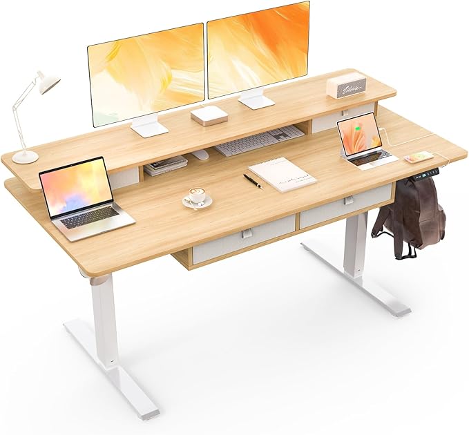 ExaDesk Electric Standing Desk, 63 * 30 Inches Adjustable Height with 4 Drawers, Double Storage Shelves, Home Office Workstation Sit Stand up Desk (Nature)