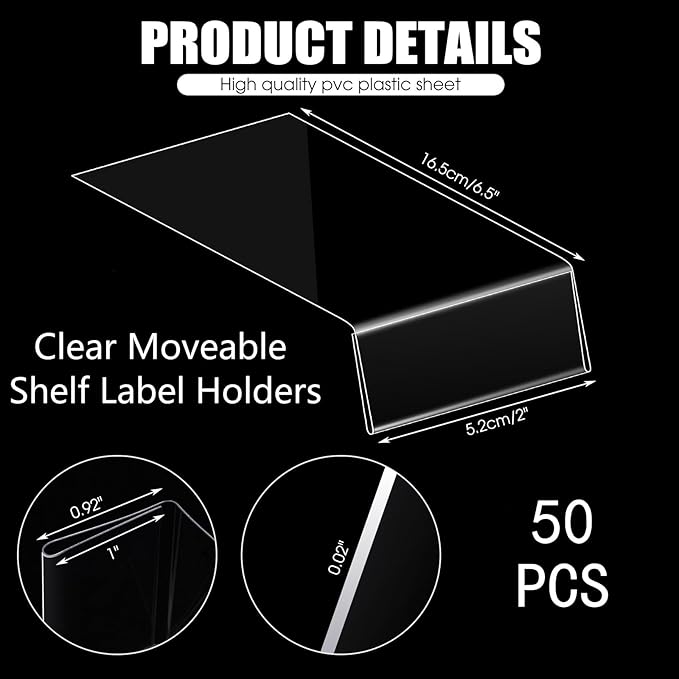 Containlol 50 Pcs Moveable Shelf Label Holders, Clear Bookshelf Label Library Shelf Markers Bookshelf Divider Tags for Library Office Classroom Home(6.5 x 2 x 1 Inch)