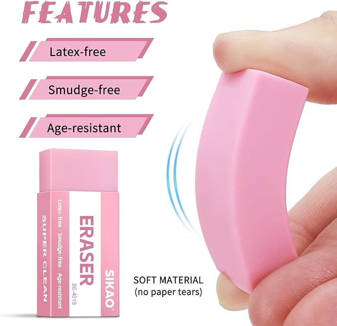 SIKAO Pink Erasers, 6 Pack Block Pencil Erasers – Smudge-Free Latex-Free Cute Erasers for Kids & Girls, School Supplies, Clean Erase for Homework, Journaling & Drawing