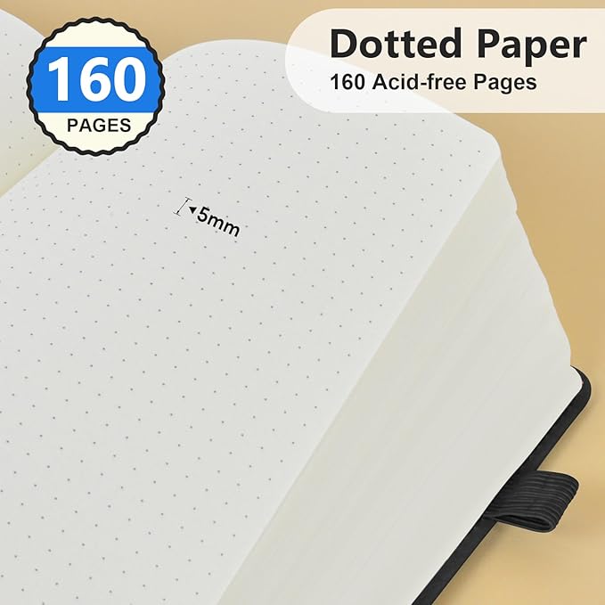 PERCUN Dotted Journal Notebook for Men & Women, 160 Pages Dot Grid notebook for Note Taking, Bullet Journaling Notebook for Work, School, Travel, Writing, A5 Hardcover 5.9" x 8.5" (Black)