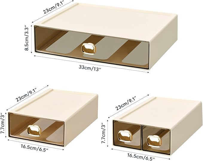 DETEIN 2PACK Stackable Desktop Storage Organizer Plastic Desk Organizer with Drawer Stacking Drawer for Pantry, Locker, Makeup, Vanity, Garage and Small Organization(M - 1 Drawer, Cream White)