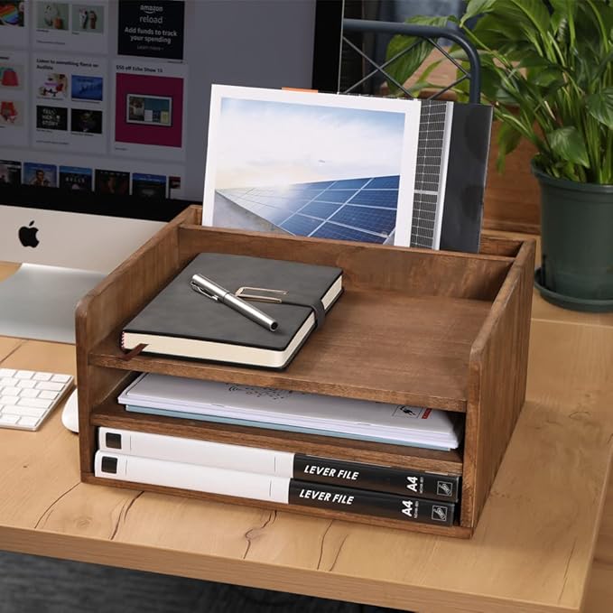 DDYURI Desk Organizer for File Folder Storage with 3 Paper Letter Tray &1 Vertical Compartment- Wood Office Desktop Document Organizer Rack - Filing Folder Mail Sorter Desk accessories Dark WJJ3K-DK