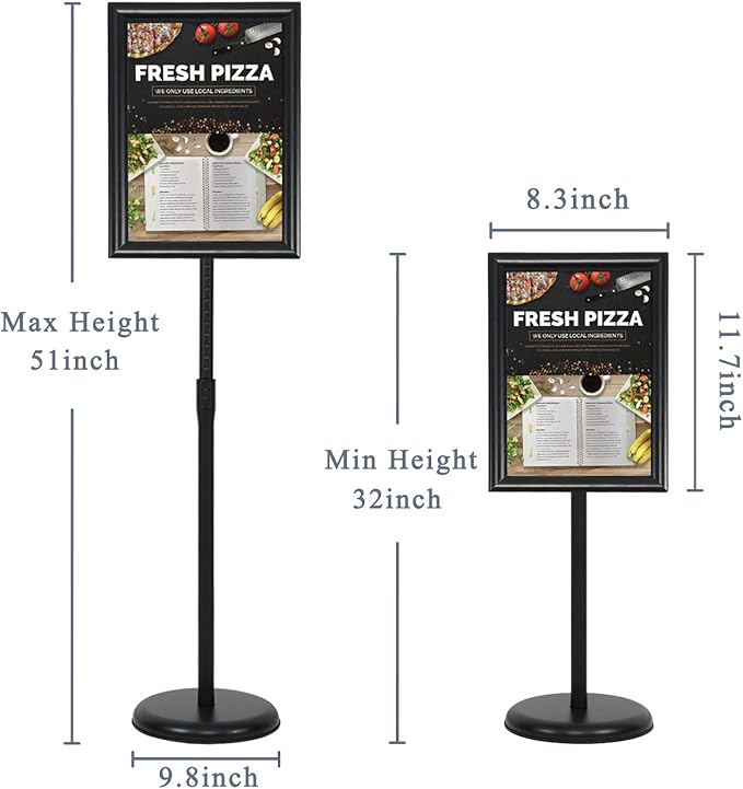 VAIIGO 8.5 x 11 Inch Adjustable Pedestal Sign Poster Stand, Heavy Duty Floor Standing Sign Stand Aluminum Snap Open Display Frame for Vertical and Horizontal View Sign Displayed(Black)