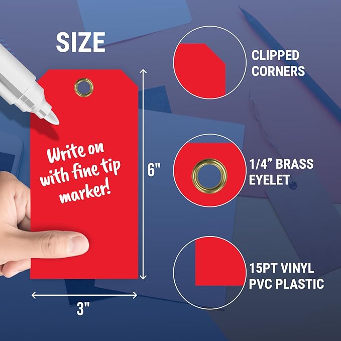 Tags 4 Less 15 Mil Waterproof Plastic Tags, Pack of 100 – 3” x 6” Heavy Duty Plastic Tags for Labeling, Outdoor Tagging, Equipment Labeling, Luggage, Valves & More (Red)