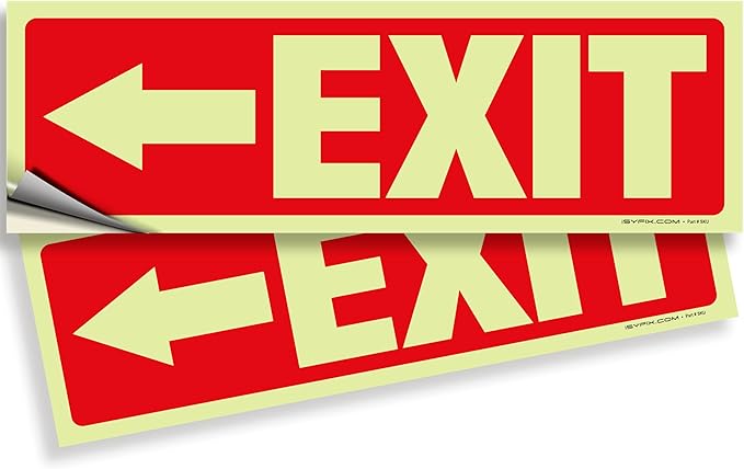 iSYFIX Exit Stickers Signs with Directional Left Arrow 2 Pack 12x4 Inch - Glow in the Dark Photoluminescent Vinyl for Office, School, Business, Warehouse - UV & Weather Resistant for Indoor/Outdoor Use