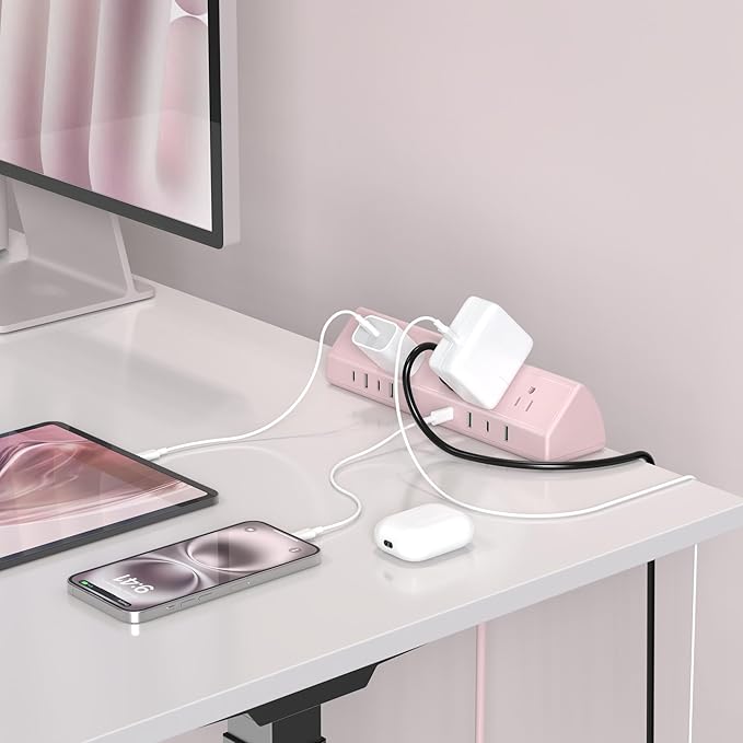 Jgstkcity Desk Clamp Power Strip,45W Fast Charging Station,4 USB-C,4 USB-A,1200J Surge Protector,ETL Listed,1875W Extension Cord,Multiple Outlets for Home, Office (Pink, 10 FT Cable)