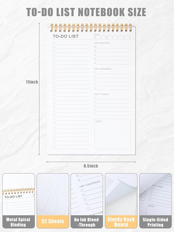 To Do List Notepad for Work, Productivity & Goal Setting, Undated Spiral Daily Planner with 52 Sheets Task Checklist, Time Management, 100 GSM Paper for Office, Family, Personal Use