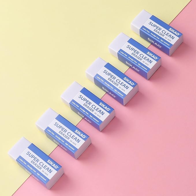 White Erasers, 6 Pack Block Pencil Erasers – Smudge-Free Latex-Free, Erasers for Kids School Supplies, Clean Erase for Homework, Office & Drawing (Art Use)