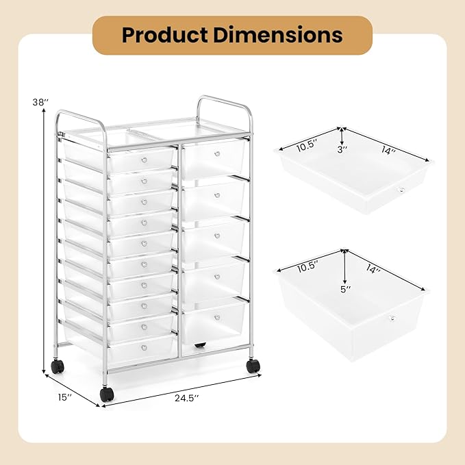 Giantex 15 Drawer Rolling Cart with Drawers, Storage Organizer Cart for Classroom Office School Teacher, Mobile Drawer Cart for Tools, Crafts, Small Printer, Clear