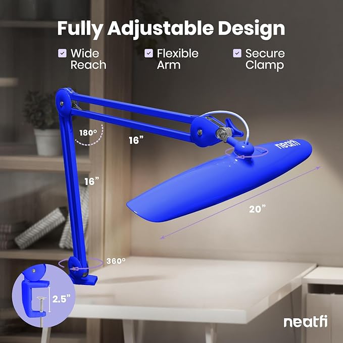 Neatfi XL 2,200 Lumens LED Task Lamp, 24W Super Bright Desk Lamp, 117 Pcs SMD LED, 4 Level Brightness, Dimmable, Task Light for Home, Office, Workbench (Non-CCT, Sapphire Blue)