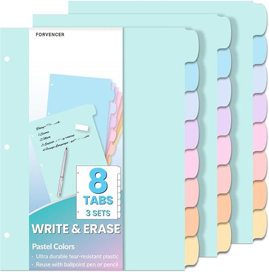 Forvencer 8-Tab Binder Dividers with Tabs, Big Tabs, Write&Erase Plastic Dividers for 3 Ring Binder, Binder Tabs for Organizers, 3 Ring Binder Dividers with Tabs for School Office (Pastels, 3 Set)