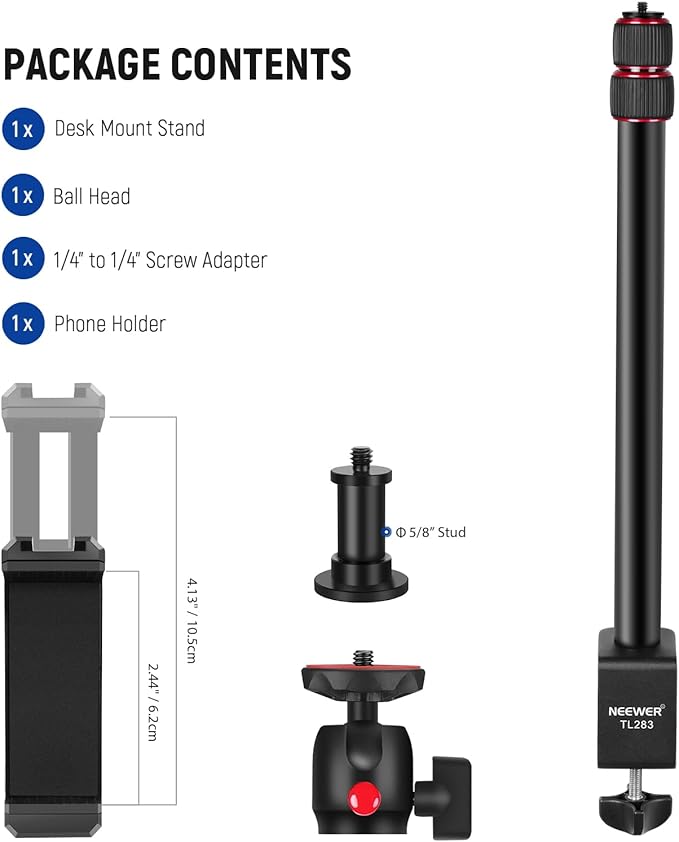 NEEWER Camera Desk Mount with Phone Holder & 360° Ball Head, 17"-40"/43-102cm Telescopic C Clamp Table Light Stand 1/4"Screw, Desktop Stand 6.6lb/3kg Max Load for DSLR Camera, Webcam, Ring Light,TL283