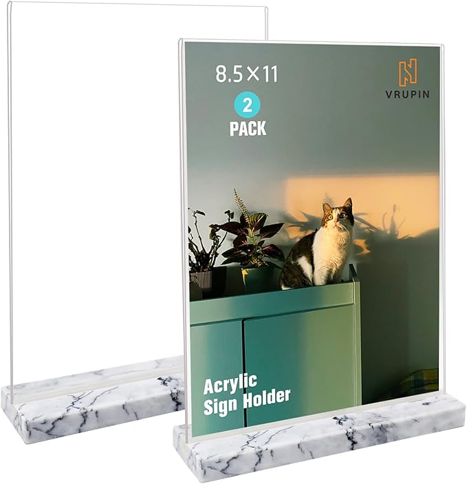 vrupin 2 Pack 8.5x11 Acrylic Sign Holder, Acrylic Frame Natural Marble Base, Clear Plastic Sign Holder Picture Photo Frames, Flyer Document Paper Display Stand for Office Desktop (white marble)