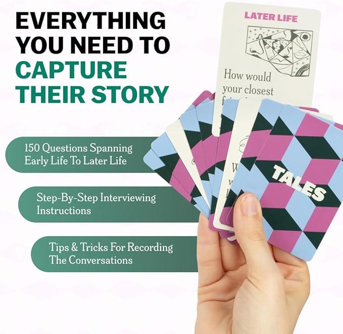 TALES 150 Life Story Interview Kit, Conversation Cards, for Grandparents, Parents, Families, Adults, Game Night, Road Trips, Dinner Table, Getting to Know You (New Edition)