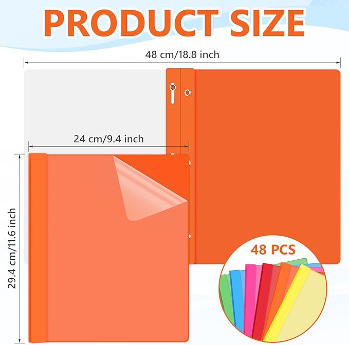 Feifeiya 48 Pack Plastic Report Covers with 3 Prongs Presentation Folders Bulk, 100 Sheet Capacity, Clear Front Report Covers for Presentation Document Paper School Office Supplies (Bright Colors)