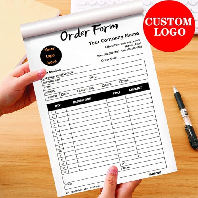 Custom Carbonless Sales Invoice Form Books for Small Business, Personalized NCR 3-Part Receipt Book with Carbon Copies, Cover Add Company Name, Address and Number Printed