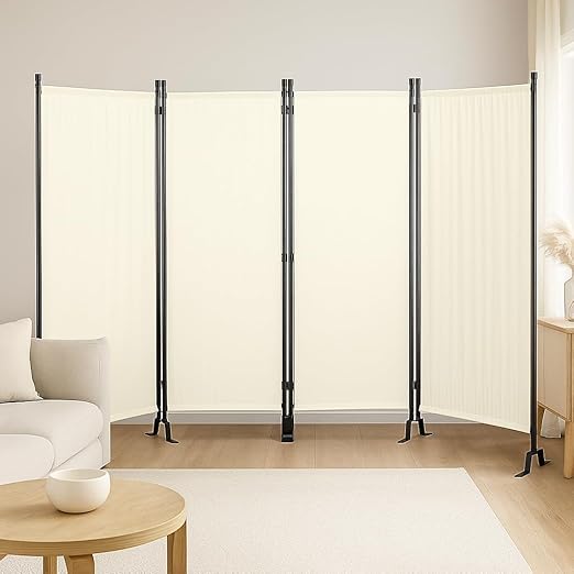 Proman Products - Galaxy 4 Panel Section Privacy Folding Screen Divider, Water Repellent Fabric Room Divider with Black Powder Coated Metal Frame for Indoors or Outdoors (Beige)