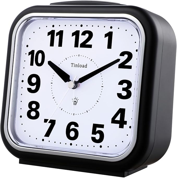 Tinload 5.5" Large No Ticking Analog Alarm Clock,Silent Readable for Seniors,Easy to Set,Gradual Rise Alarm,Big Numbers,Gentle Wake,Snooze, Lighted on Demand,Battery Operated,Black