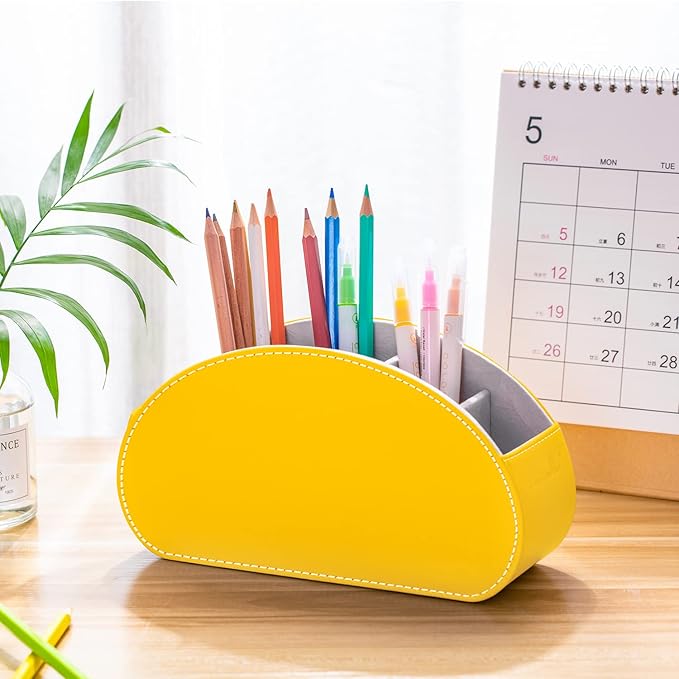Remote Control Holders Organizer Box with 5 Compartment PU Leather Multi-functional Office Desk Storage Caddy Store Tv Remote for Media Player,Brush,Pencil,Glassees&Office Supplies (Yellow)