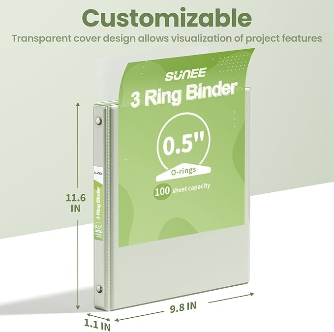 SUNEE 1/2 inch Binder 3 Ring 1 Pack, Clear View Binder Three Ring PVC-Free (Fit 8.5x11 Inches) for School or Office Supplies, Sage Green