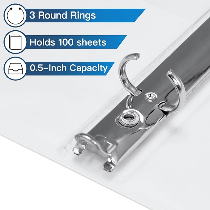Basic 3 Ring Binder -1 or 1/2'' Binders with Roung Ring Binder, Large 100/200 Sheet Capacity, Fit 8.5" x 11" US Letter Size Paper, 12 Pack White (0.5'' White - 12 Packs)