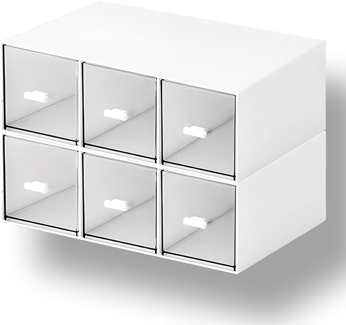 OSteed Desktop Drawers, Desk Organizer with 6 Drawers, Stackable Plastic Storage Box for Home Collection, Cosmetics, Jewelry, Office Supplies (2 Tall Layers, White)