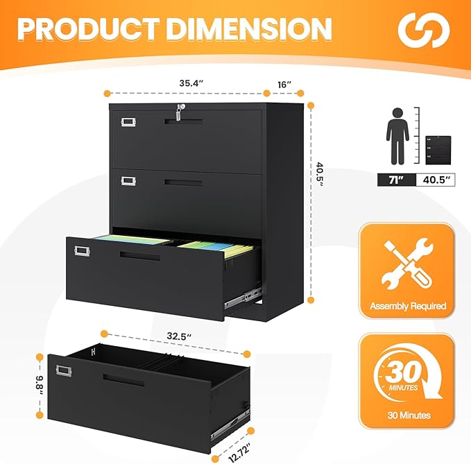 AFAIF 3 Drawer File Cabinets for Home Office, Office Storage Caninets Steel Cabnet for Letter/Legal/A4/F4-Assembly Required