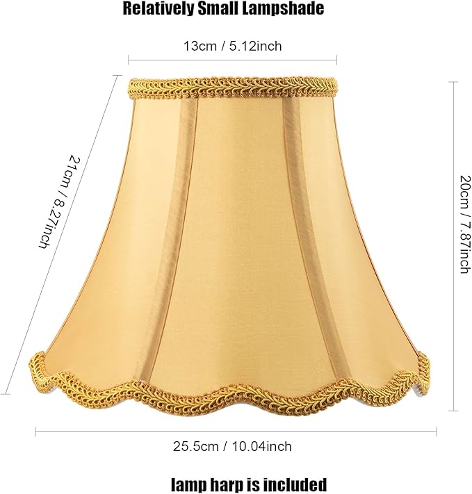 Bell Lamp Shade, Saangseon Scalloped Gold Fabric Lampshade Replacement, Softback, 5'' Top x 10'' Bottom x 8.3'' Slant Height x 8'' Vertical Height, Lamp Harp Included