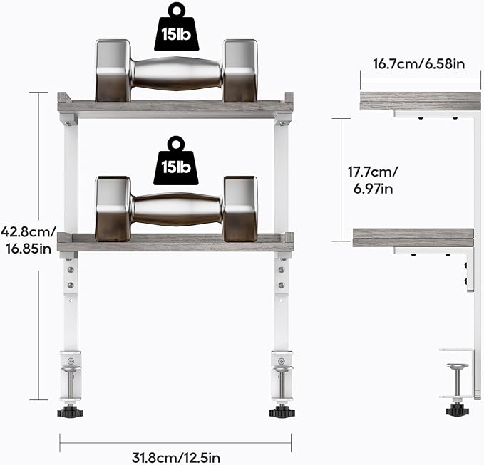 ART-GIFTREE Clamp On Desk Shelf 2-Tier, Wood Shelving Unit for Office Desk/Gaming Accessories, Tabletop Book Storage Rack, Shelf for Top of Desk, Grey