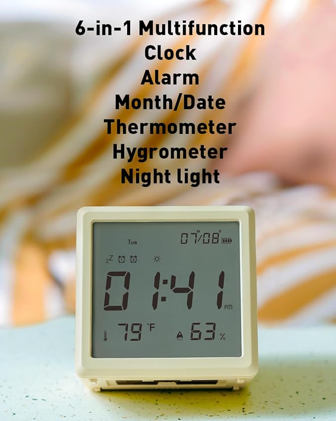 Aurolumiz Digital Alarm Clock, with Battery Powered, Dimmable Night Light, Thermometer & Hygrometer, Desk & Bedside Clock for Bedroom, for Adults, Kids, Teens, Travel