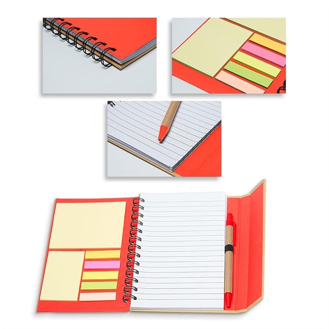 DISCOUNT PROMOS Eco Friendly Spiral Notebooks with Pens Set of 10, Bulk Pack - Perfect for School, Office, Home - Red