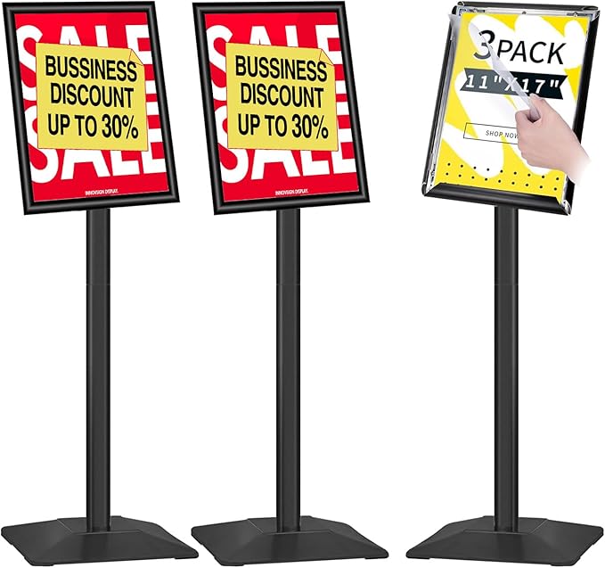 INNOVSIGN 3Packs Heavy Duty Adjustable Pedestal Poster Sign Stand, 11x17 Aluminum Open Floor Standing Sign Holder for Vertical and Horizontal View Display, Black