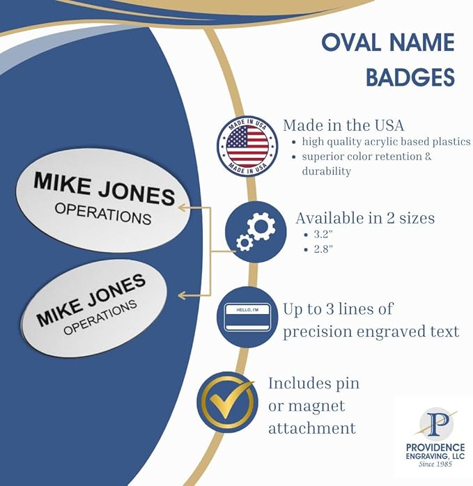 Custom Engraved Name Tag Badges – Personalized Identification with Pin or Magnetic Backing, 2.8 Inch Oval, Blue/White