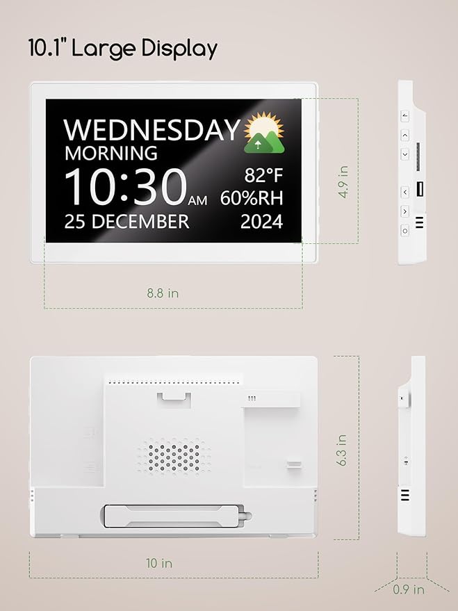 Raynic Digital Clock,10.1 Inch Large Display Calendar Clock with 12 Themes, 20 Alarms, 20 Reminders, Auto Dimming, 12/24 Hours for Seniors, Desk (White, 10.1 Inches)